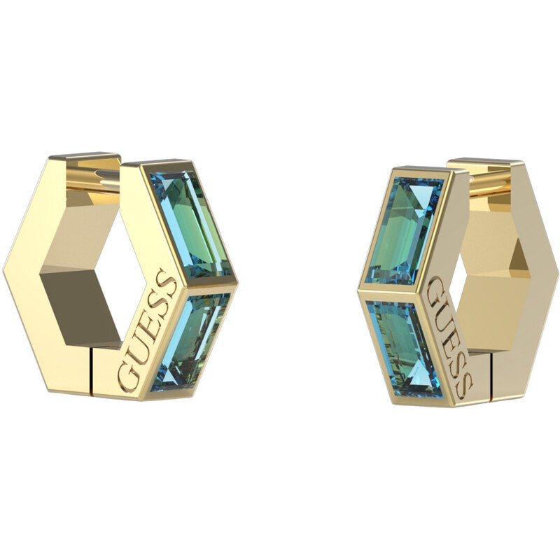 Guess Nadčasové pozlátené náušnice s modrou zirkóniou Huggie Me 66594366
