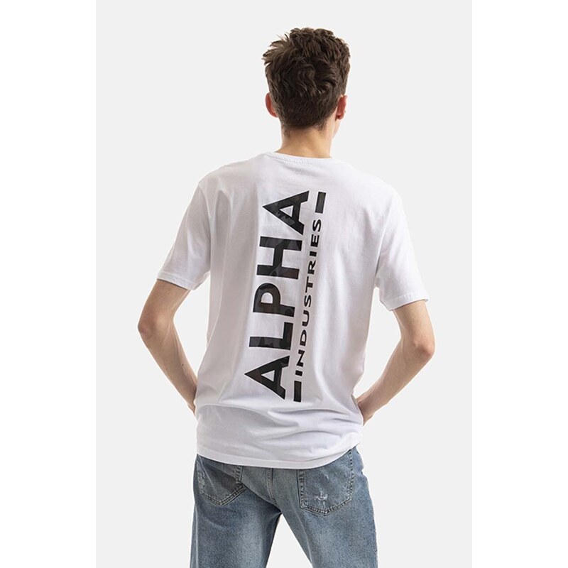 Bavlnené tričko Alpha Industries 128507CP.573-white, biela farba, s potlačou