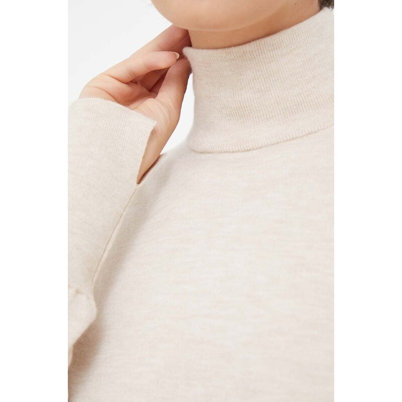 Vlnený sveter Mos Mosh dámsky, béžová farba, tenký, s rolákom