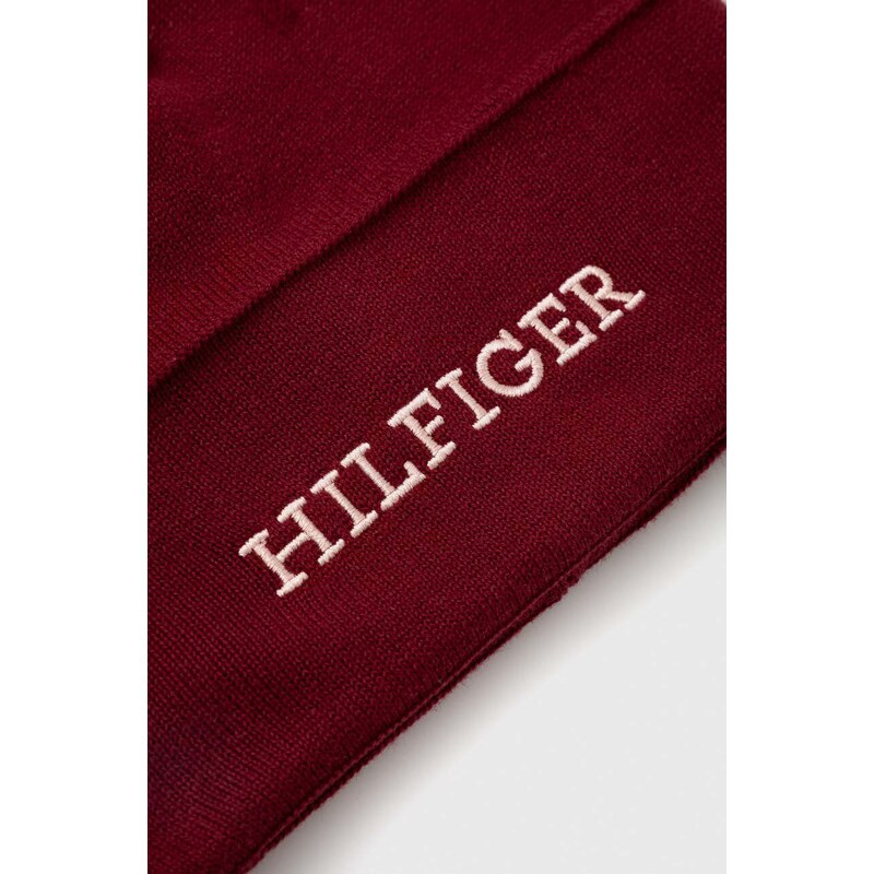 Bavlnená čiapka Tommy Hilfiger bordová farba biela, z tenkej pleteniny, bavlnená