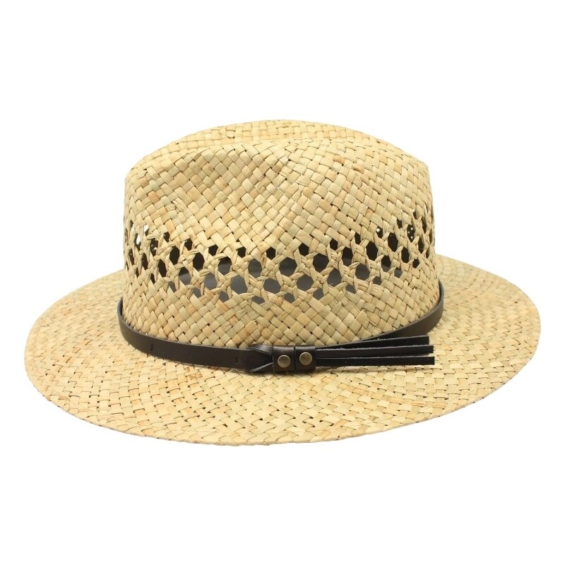 KASTORI Slamený klobúk s hnedým koženým opaskom - Fedora