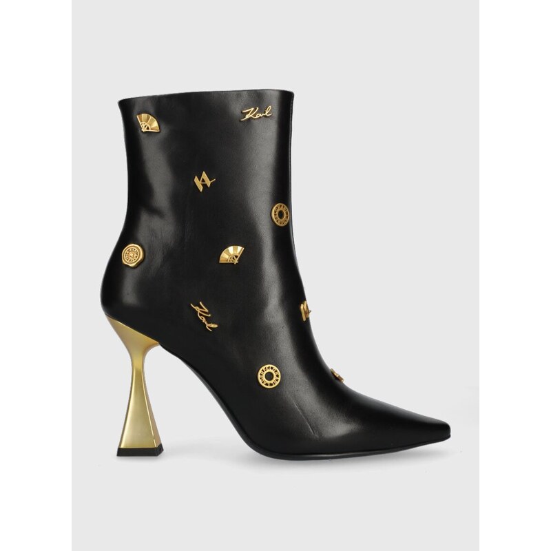 Kožené členkové topánky Karl Lagerfeld DEBUT dámske, čierna farba, na podpätku, KL32059F