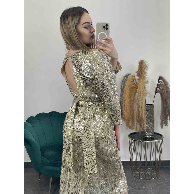 PrestigeShop Krátke luxusné šaty s flitrami a rázporkom - zlaté