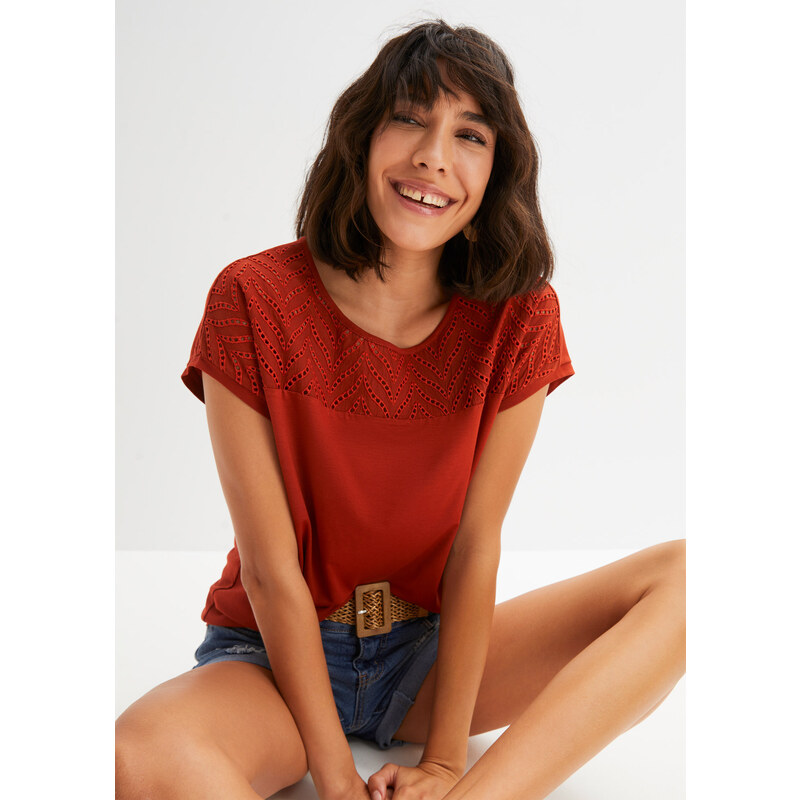 bonprix Čipkované tričko z jemnej viskózy, farba červená 45054401