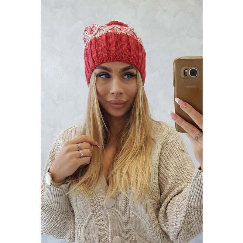 K-Fashion Milano fleecová čiapka K203 ecru melange+red 44560758