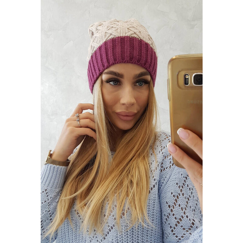 K-Fashion Bibiana fleecová čiapka K264 tmavo fialová + svetlo béžová 44561319
