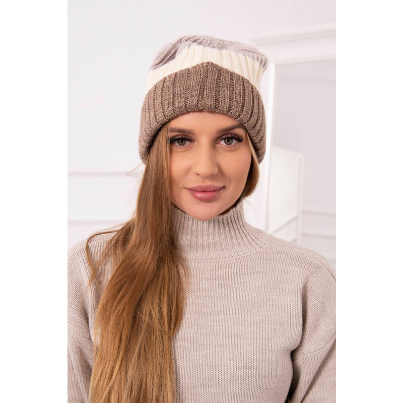 K-Fashion Fleecová čiapka Bojana K265 tmavo béžová+ecru+svetlo béžová 44561462