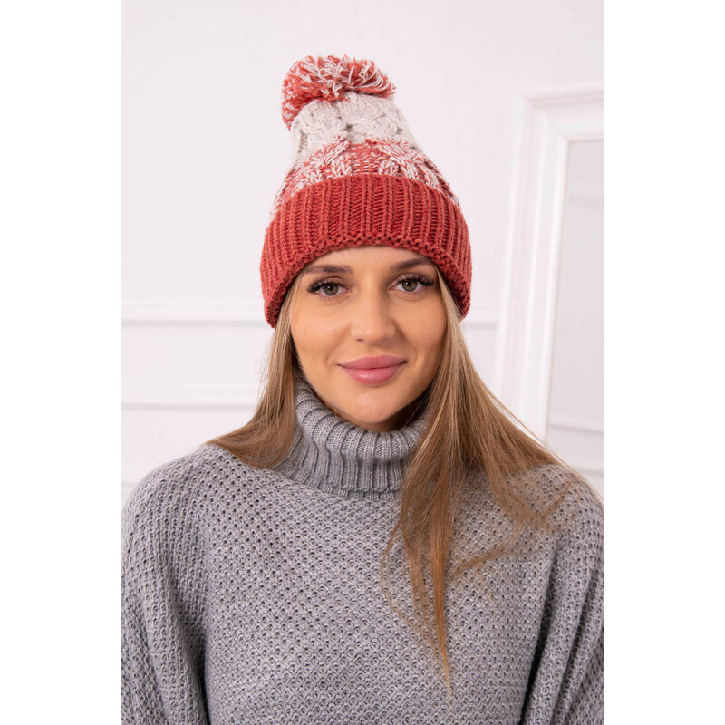 K-Fashion Dámska čiapka s brmbolcom Abigail K326 červená+béžová 44561518