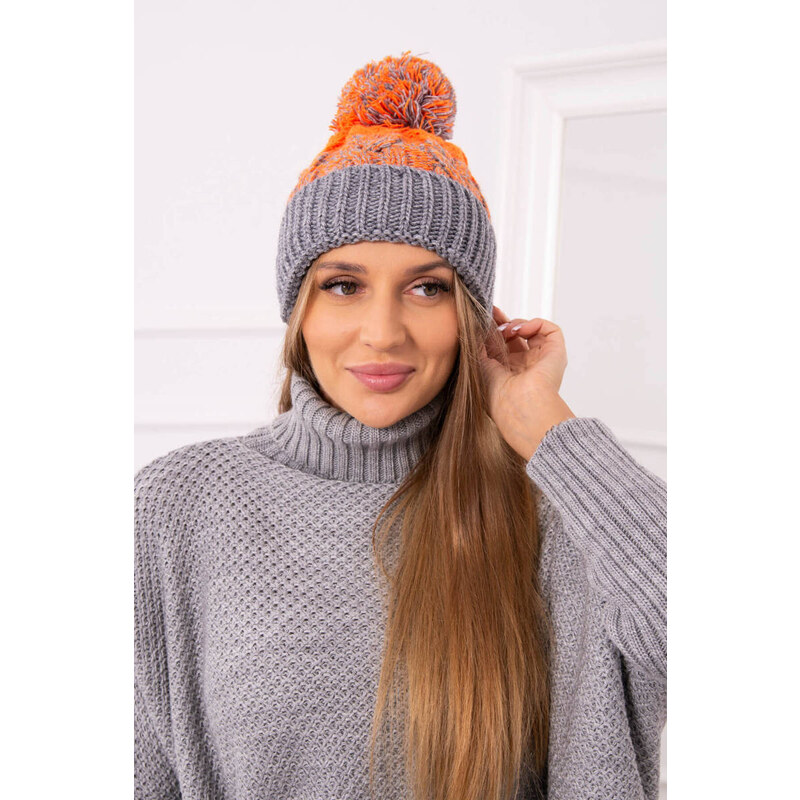 K-Fashion Dámska čiapka s brmbolcom Abigail K326 sivá+neon orange 44561522
