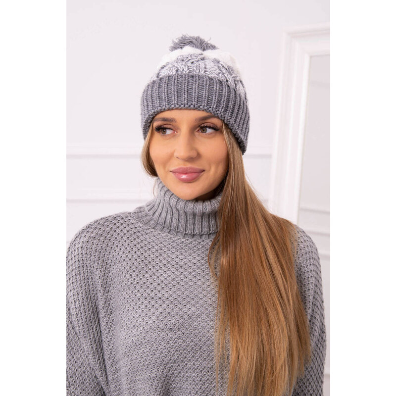 K-Fashion Dámska čiapka s brmbolcom Abigail K326 sivá+biela 44561524