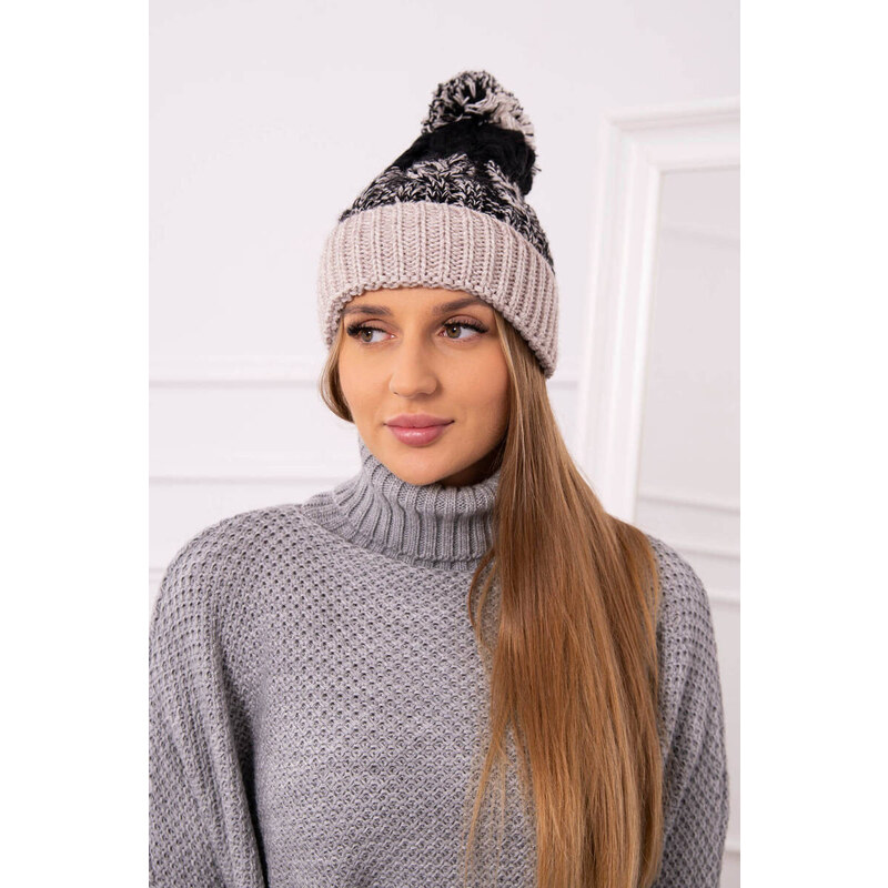 K-Fashion Dámska čiapka s brmbolcom Abigail K326 black+beige 44561527