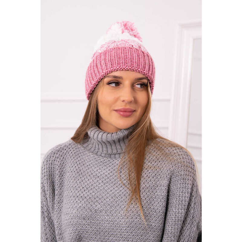 K-Fashion Dámska čiapka s brmbolcom Abigail K326 powder pink+ecru 44561530