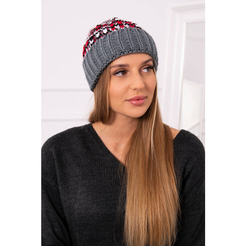K-Fashion Dámska čiapka Iris K348 tmavo šedá + červená 44561581