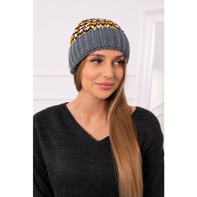 K-Fashion Dámska čiapka Iris K348 tmavo šedá + žltá 44561582