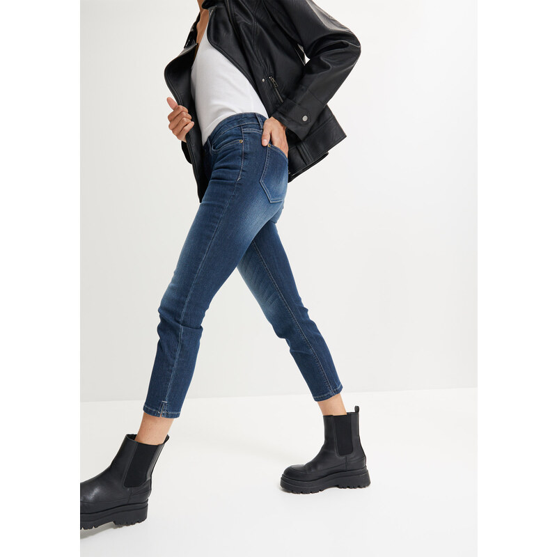 bonprix Komfort-strečové džínsy s rozparkom, 7/8, farba modrá 44732452