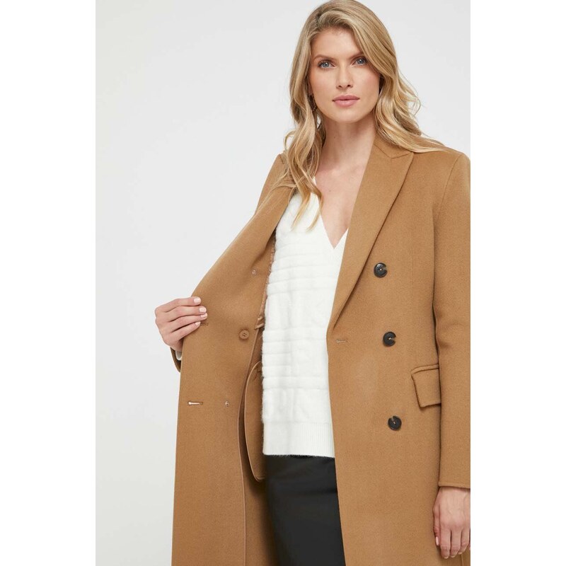 Vlnený kabát Pinko hnedá farba, prechodný, dvojradový