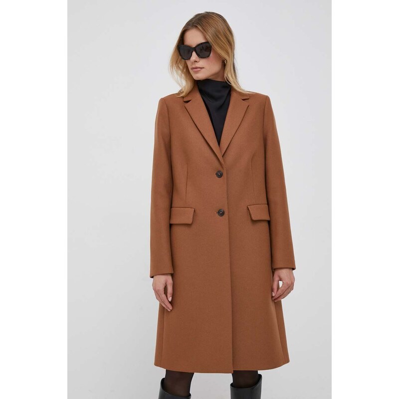 Vlnený kabát Tommy Hilfiger hnedá farba,prechodný,WW0WW39753