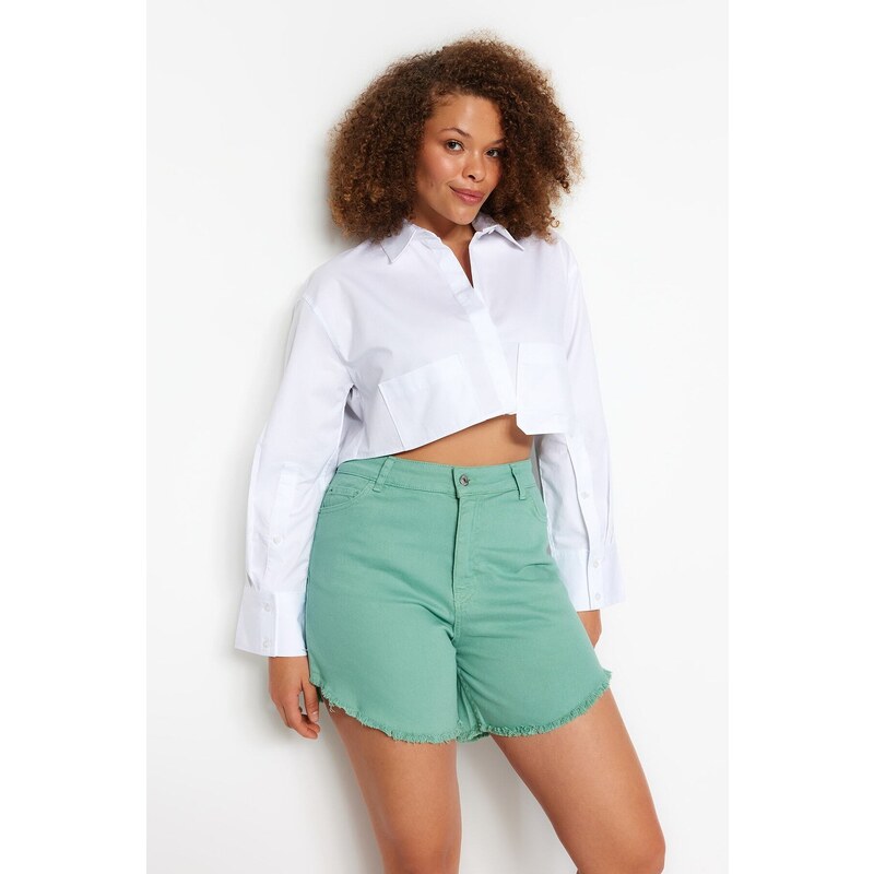 Trendyol Curve Mint Strapcové Třásněné Flexibilné Úzke Džínové Šortky 57930485