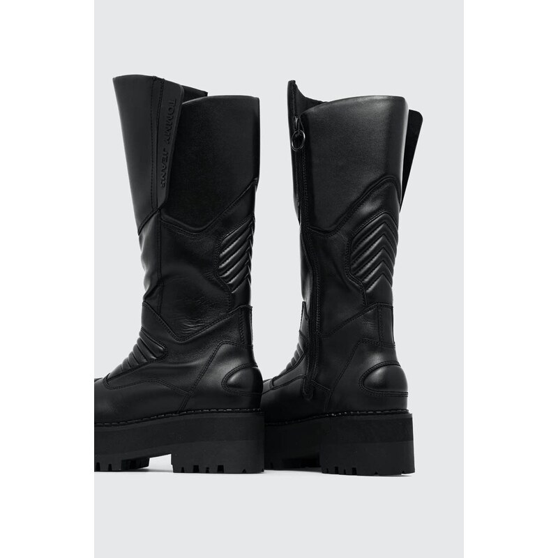 Vysoké čižmy Tommy Jeans TJW LONG SHAFT BIKER BOOT dámske, čierna farba, na plochom podpätku, jemne zateplené, EN0EN02376