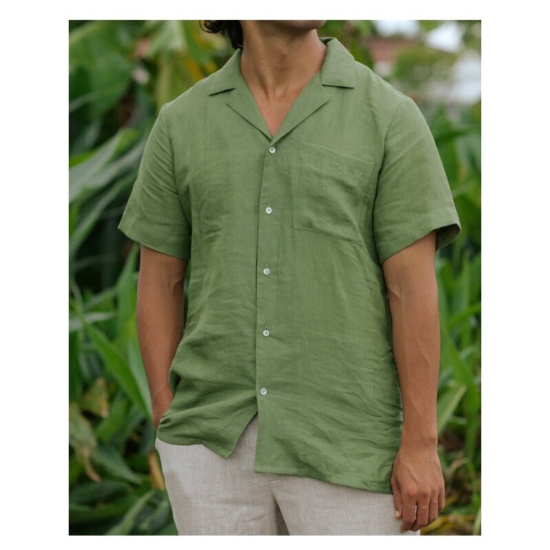 Magic Linen Ľahká pánska ľanová košeľa HAWI s krátkym rukávom v lesnej zelenej