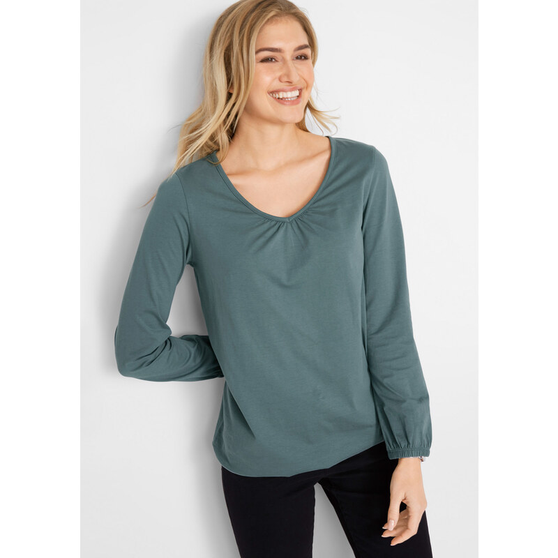 bonprix Bavlnené tričko s dlhým rukávom s gumičkou, farba zelená 44732057