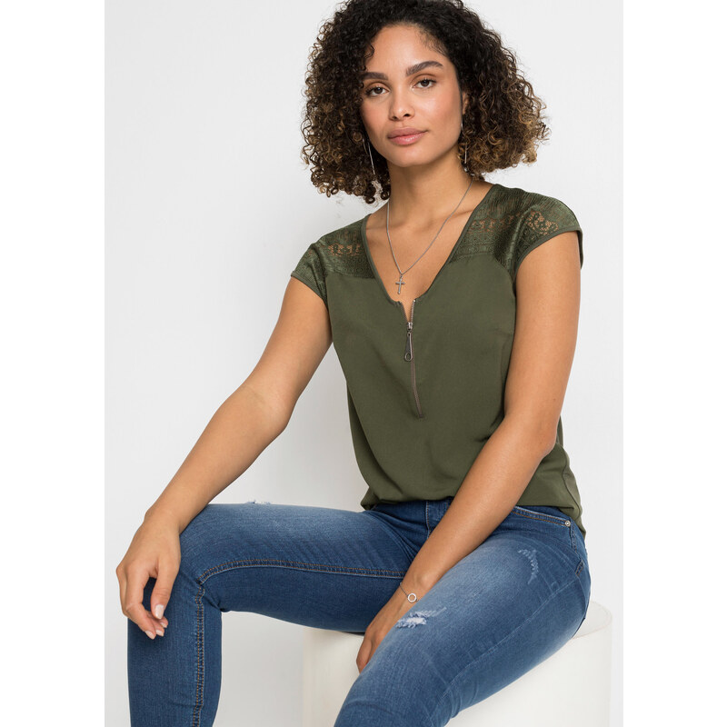 bonprix Tričko s čipkou, farba zelená 44896981