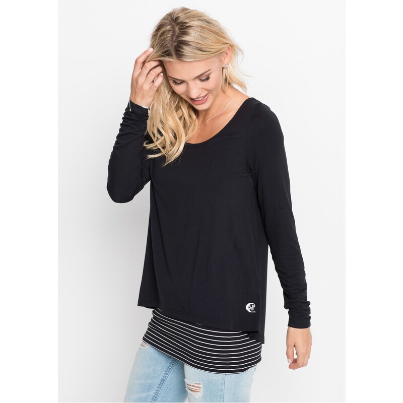 bonprix Tričko s dlhým rukávom, dvojvrstvové, farba čierna 44742218