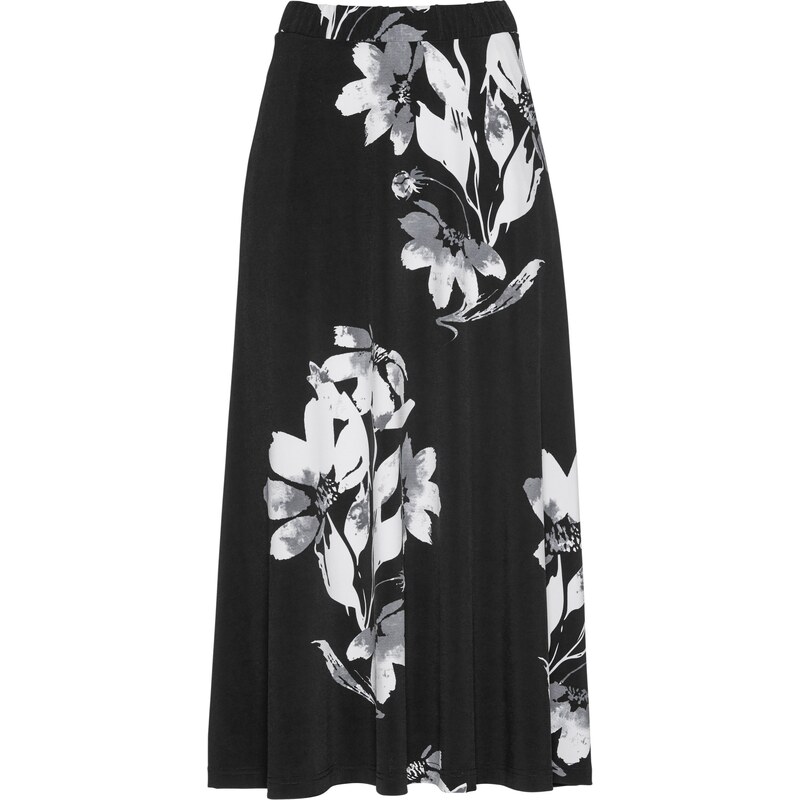 bonprix Džersejová sukňa s kvetovaným vzorom, farba čierna, rozm. 56/58