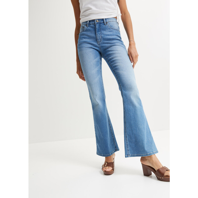 bonprix Strečové džínsy s vysokým pásom, Flared, farba modrá 67321955