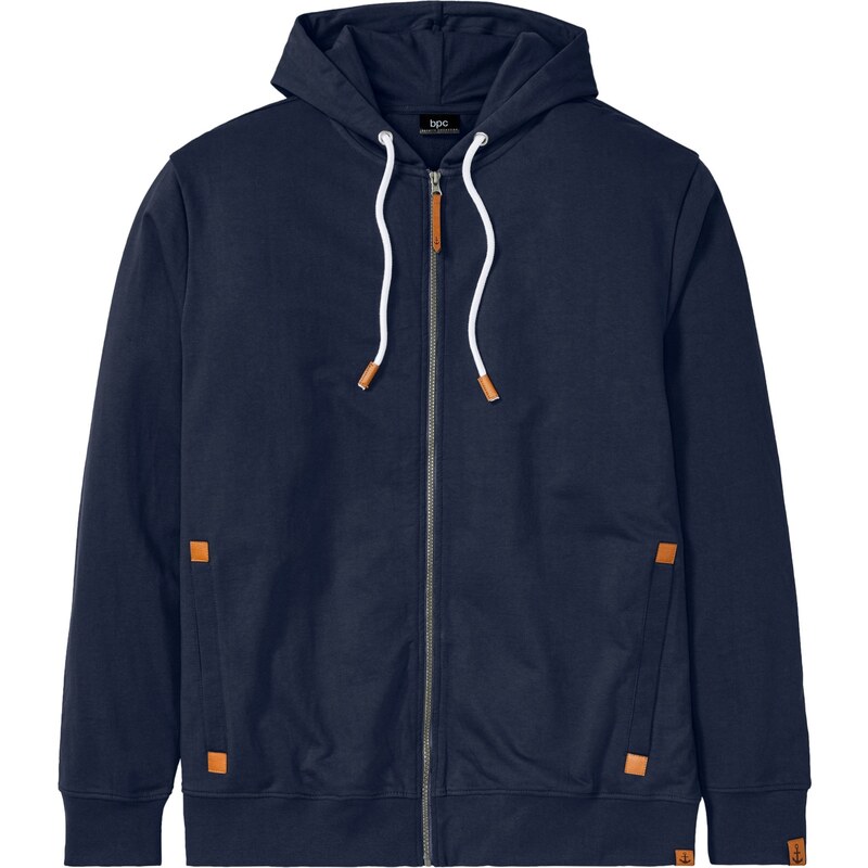 bonprix Mikinová bunda s kapucňou a koženkovými detailmi, farba modrá 44828051