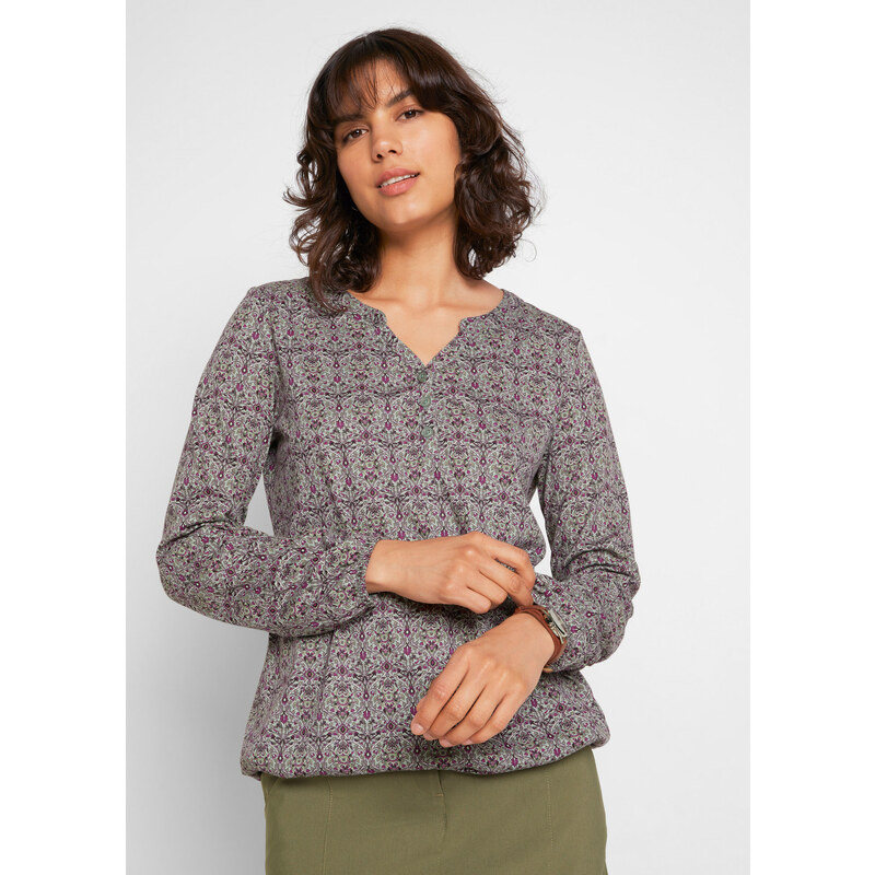 bonprix Tričko s dlhým rukávom, s potlačou, golier s légou, farba 44849081