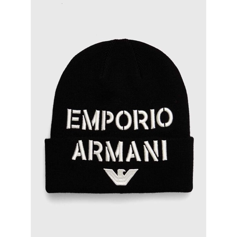 Detská čiapka s prímesou vlny Emporio Armani čierna farba biela