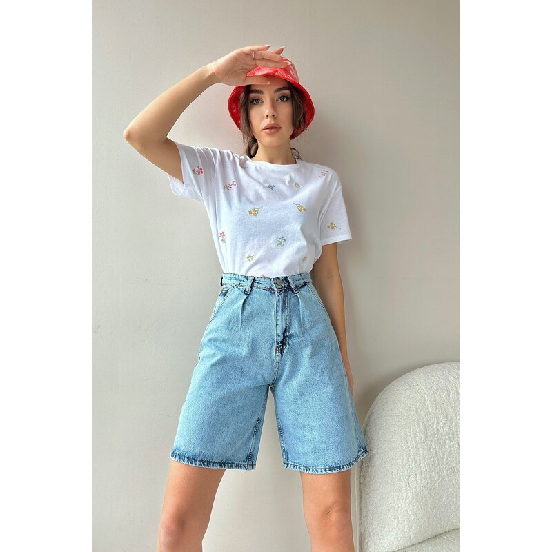 Trend Alaçatı Stili Womens Light Blue High Waist Wide Leg Bermuda 50565194