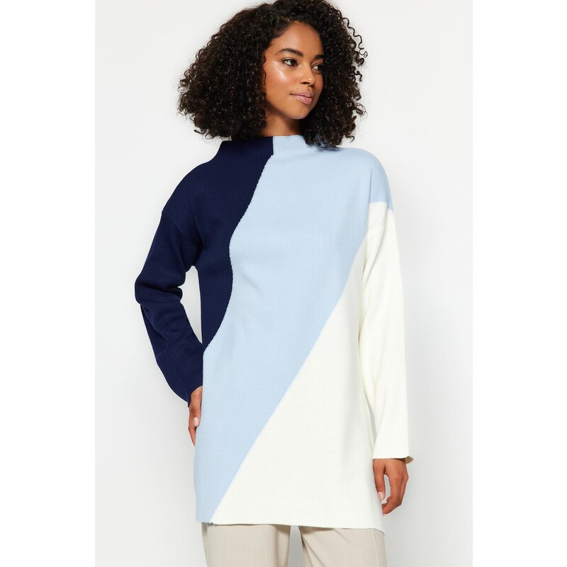 Trendyol Navy Blue Color Block Stojaci golier Pletený sveter