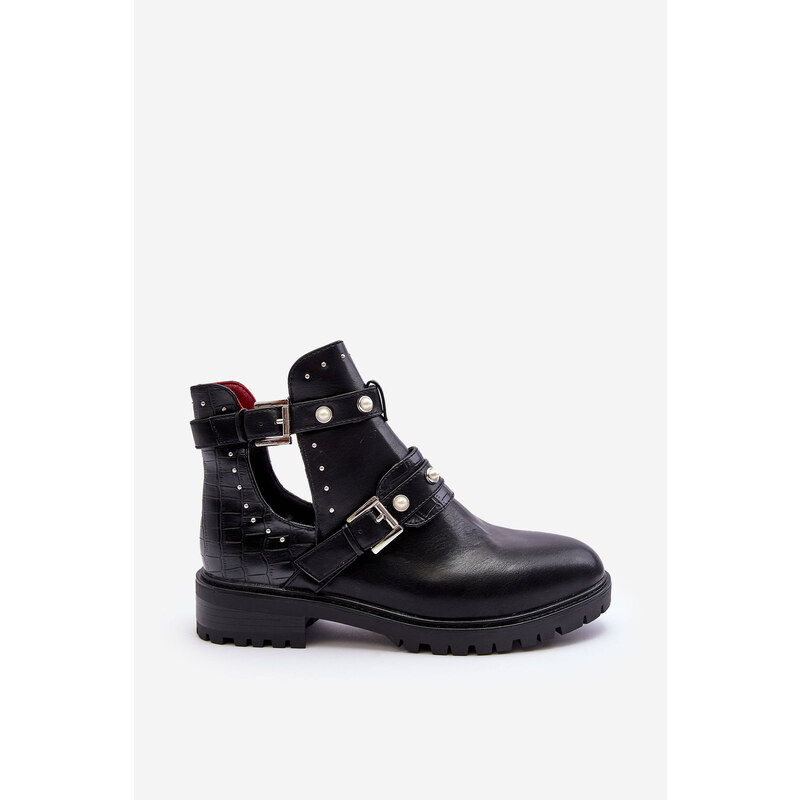 Basic Čierne dámske otvorené členkové topánky s prackami a cvokmi