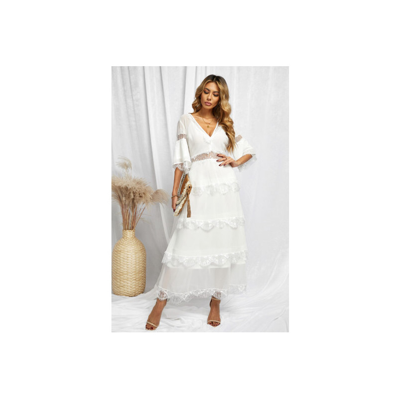Biele padavé maxi šaty s krajkou LC613868-1