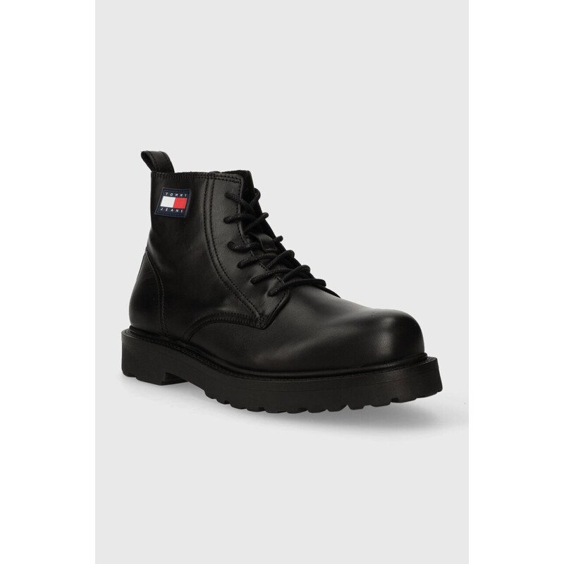 Kožená obuv Tommy Jeans TJM RUBERIZED LACE UP BOOT pánske, čierna farba, EM0EM01276