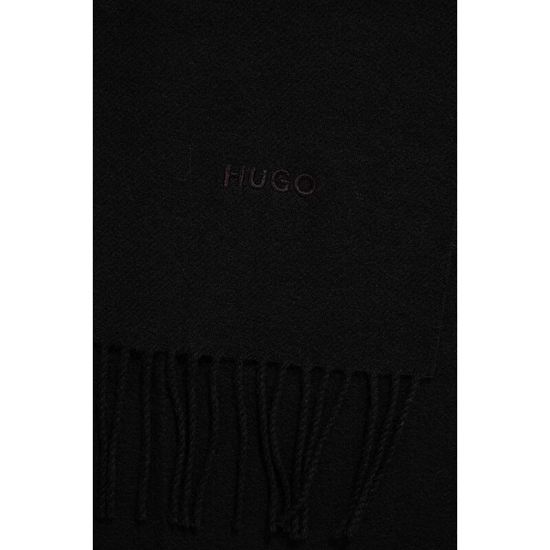 Vlnený šál HUGO čierna farba, jednofarebný