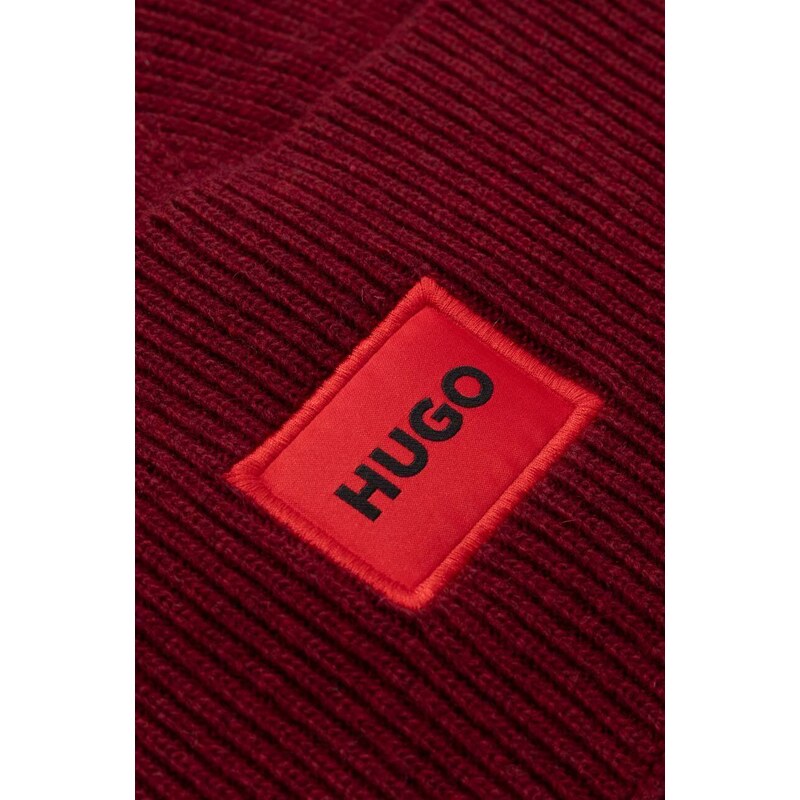 Vlnená čiapka HUGO bordová farba, z tenkej pleteniny, vlnená