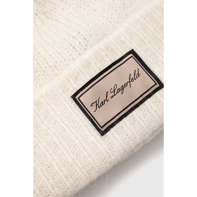 Vlnená čiapka Karl Lagerfeld béžová farba, z tenkej pleteniny, vlnená