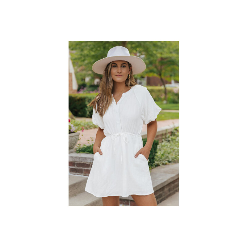 Bavlnené biele šaty s naberaným rukávom a gombičkami LC6115924-1