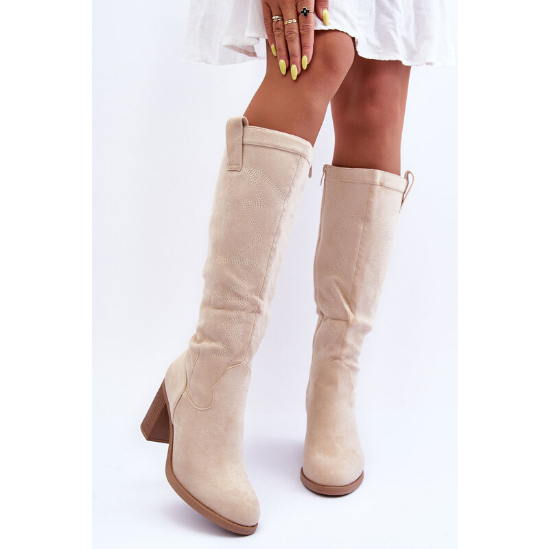DAYVINE SHOES Svetlobéžové dámske semišové vysoké čižmy na blokovom