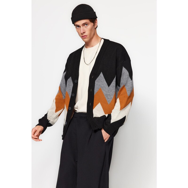 Trendyol Black Oversize Fit Wide Pattern Multicolored Cardigan 51057291