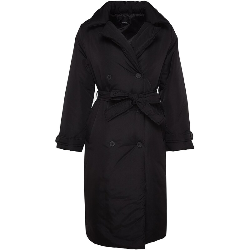 Trendyol Black oversize široký strih dlhý prešívaný kabát