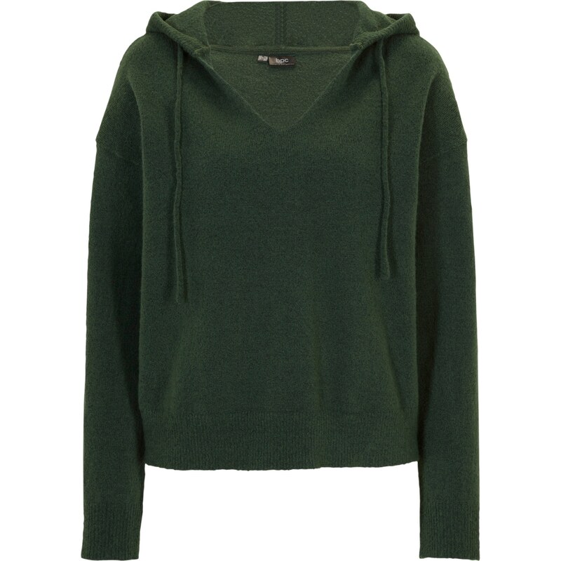 bonprix Pletený pulóver s výstrihom do V a kapucňou, farba zelená 45359319