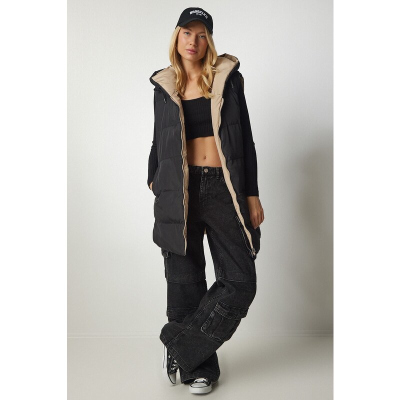 Happiness İstanbul Šťastie İstanbul Dámska béžová čierna kapucňa obojstranná nafukovacia vesta