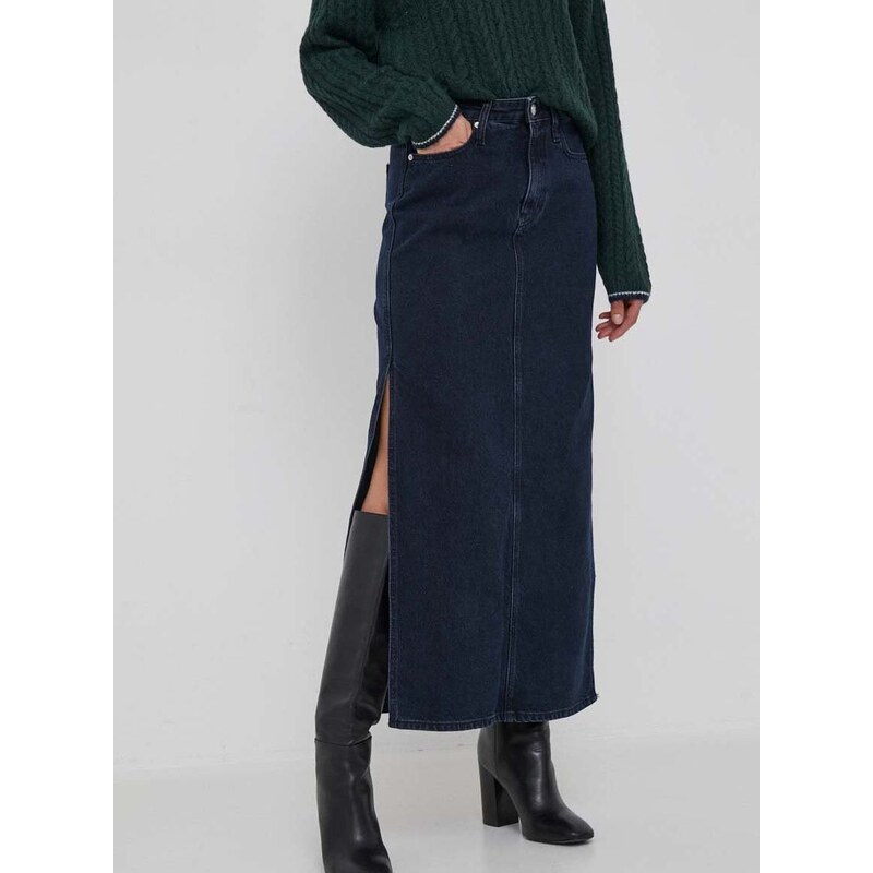Rifľová sukňa Calvin Klein Jeans tmavomodrá farba, maxi, rovný strih