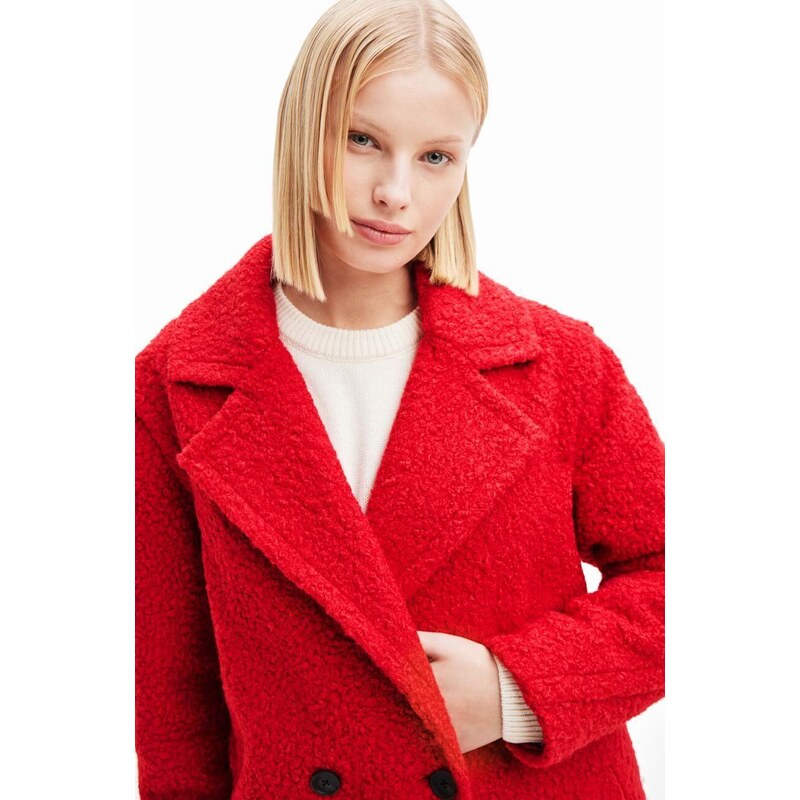 Kabát Desigual dámsky, červená farba, prechodný, dvojradový