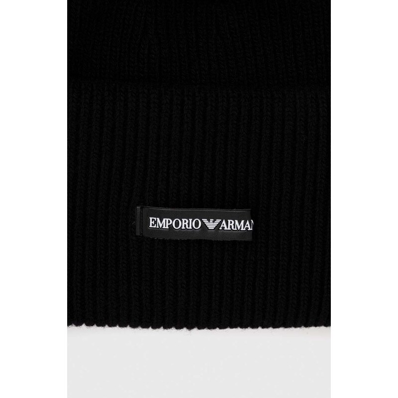 Vlnená čiapka Emporio Armani čierna farba, z hrubej pleteniny, vlnená