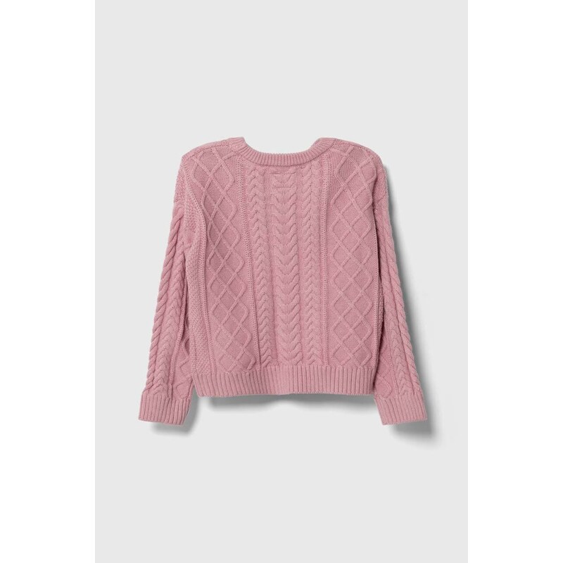 Detský sveter s prímesou vlny Guess ružová farba, tenký